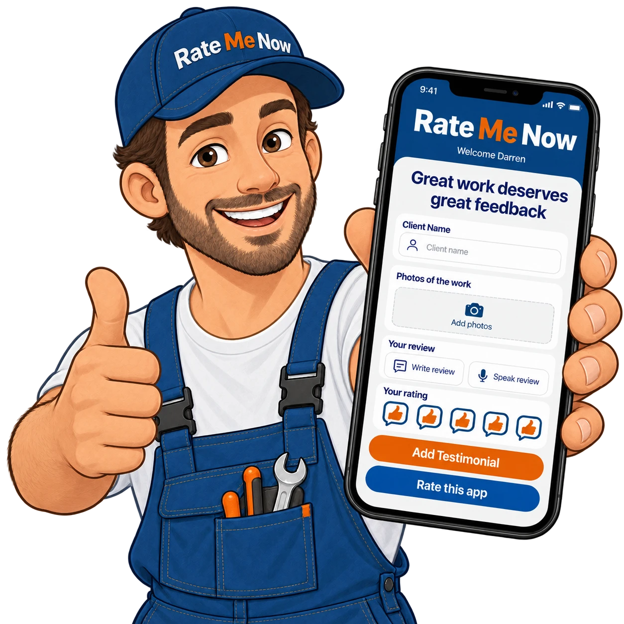Rate Me Now character presenting the review app